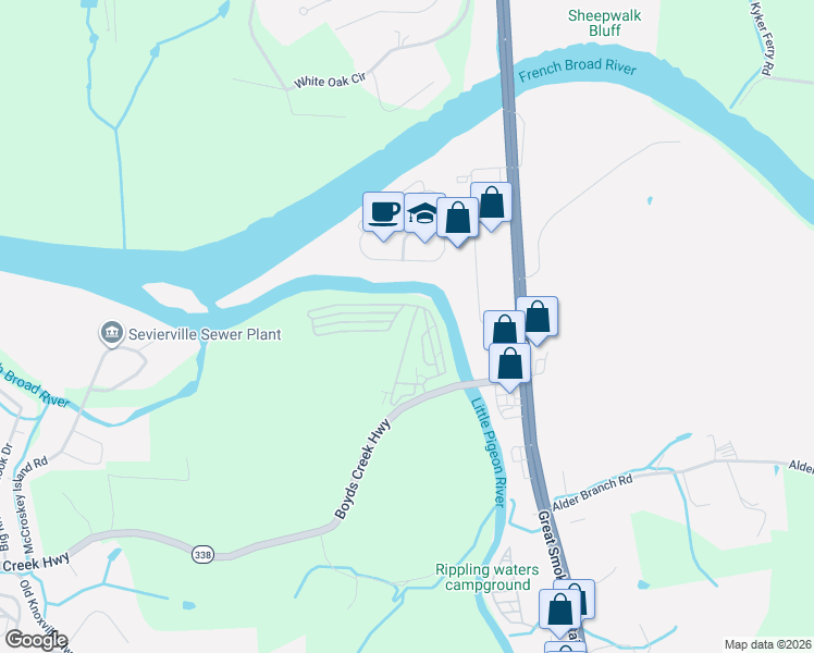 map of restaurants, bars, coffee shops, grocery stores, and more near 4280 Boyds Creek Highway in Sevierville