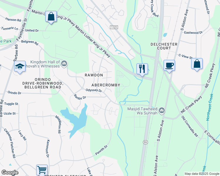 map of restaurants, bars, coffee shops, grocery stores, and more near 3705 Birmi Drive in Durham
