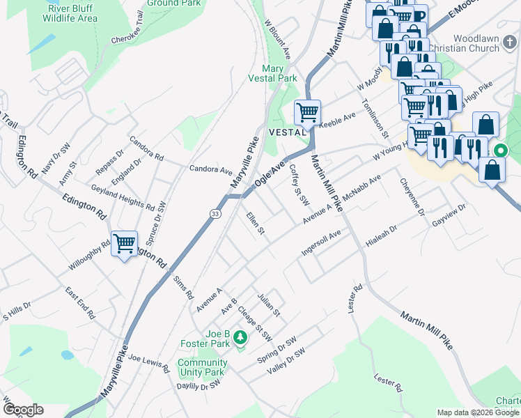 map of restaurants, bars, coffee shops, grocery stores, and more near 322 Pettway Avenue Southwest in Knoxville