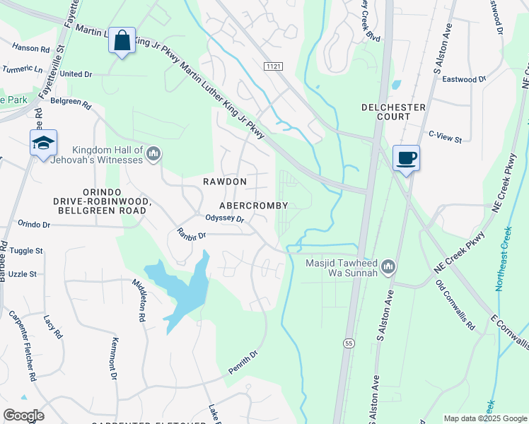 map of restaurants, bars, coffee shops, grocery stores, and more near 3705 Birmi Drive in Durham