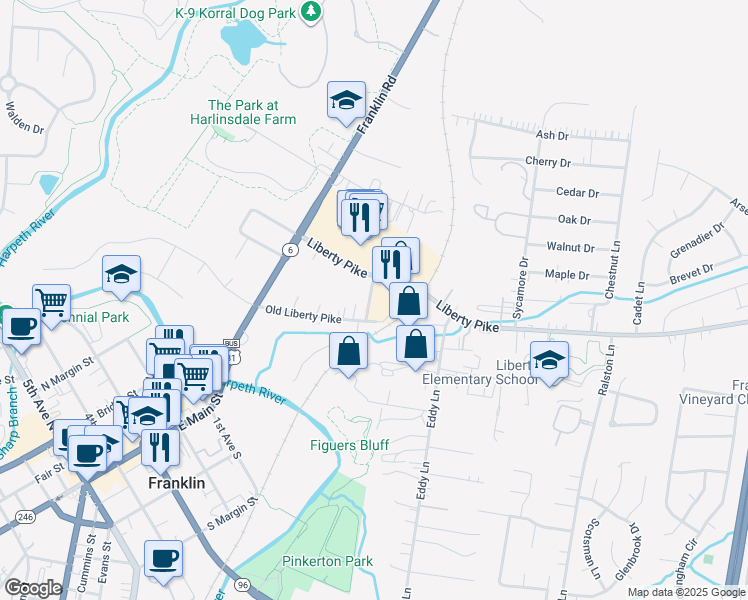 map of restaurants, bars, coffee shops, grocery stores, and more near 12 Daniels Drive in Franklin