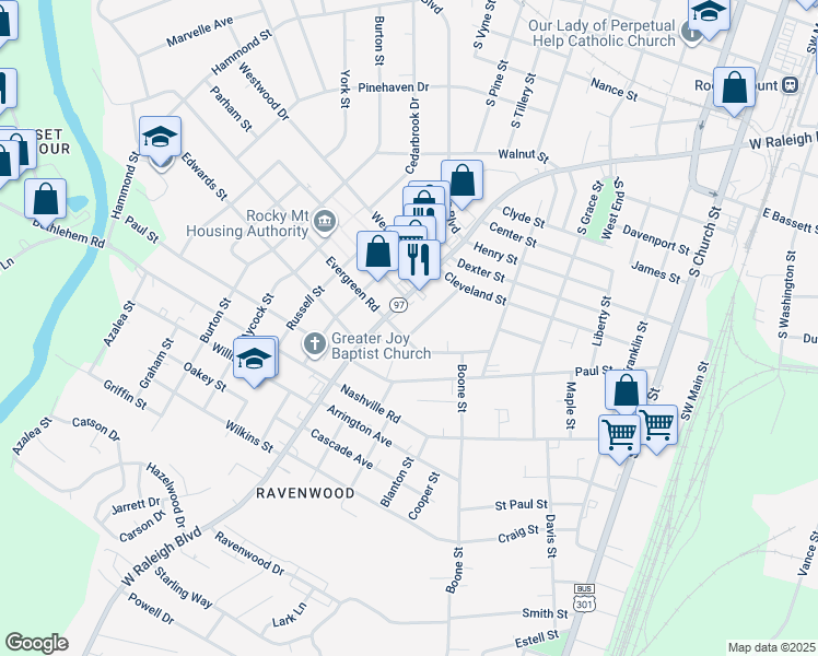 map of restaurants, bars, coffee shops, grocery stores, and more near 1016 New Street in Rocky Mount