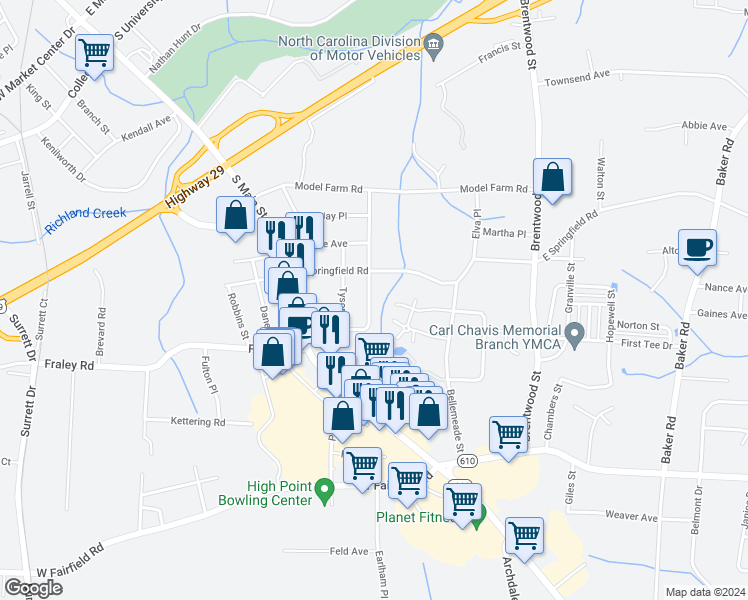 map of restaurants, bars, coffee shops, grocery stores, and more near 2407 Francis Street in High Point
