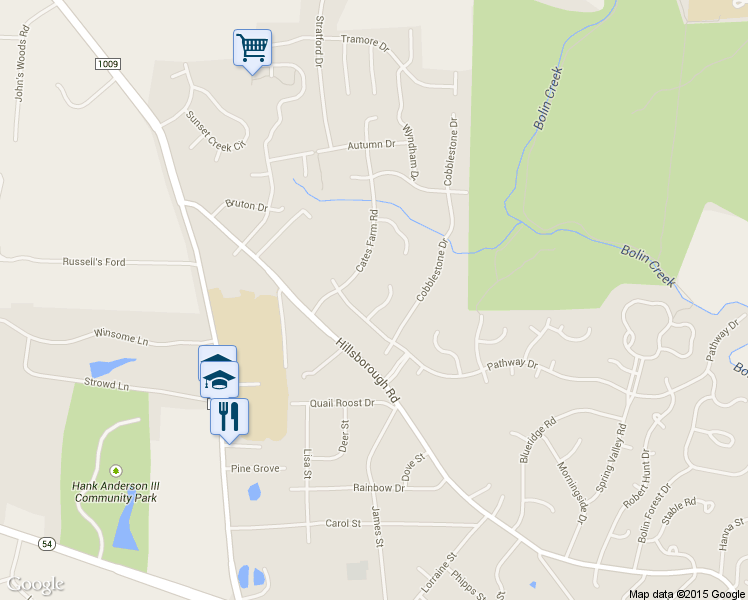 map of restaurants, bars, coffee shops, grocery stores, and more near 103 Buck Taylor Trail in Chapel Hill