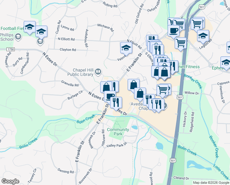 map of restaurants, bars, coffee shops, grocery stores, and more near 1509 East Franklin Street in Chapel Hill
