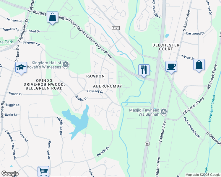 map of restaurants, bars, coffee shops, grocery stores, and more near 3703 Birmi Drive in Durham
