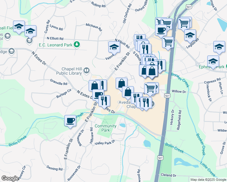 map of restaurants, bars, coffee shops, grocery stores, and more near 1512-1520 East Franklin Street in Chapel Hill