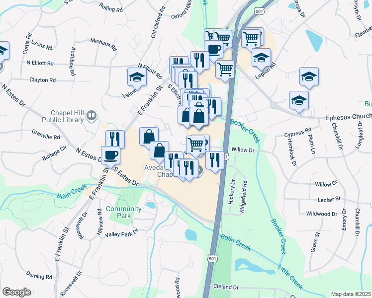 map of restaurants, bars, coffee shops, grocery stores, and more near 1002 Willow Drive in Chapel Hill