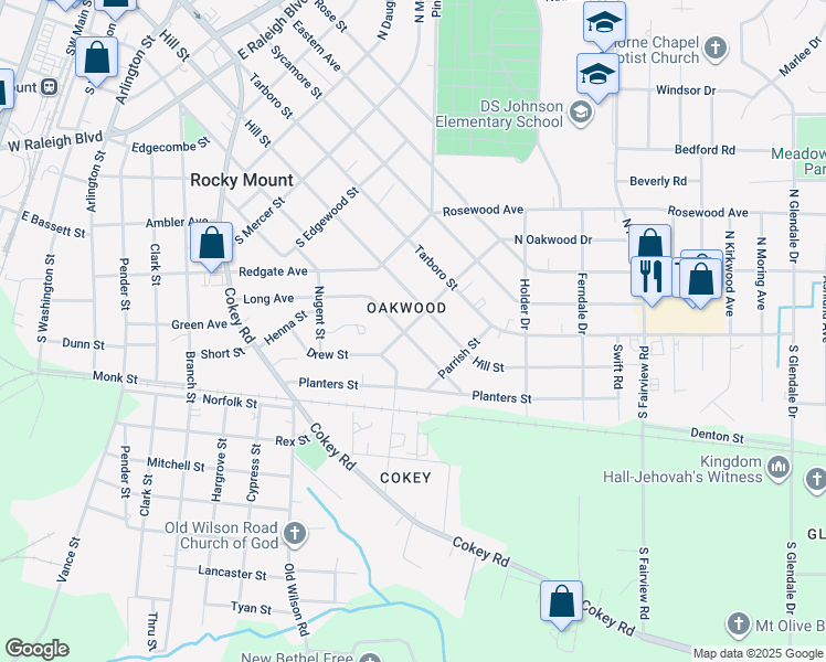 map of restaurants, bars, coffee shops, grocery stores, and more near 1100 Long Avenue in Rocky Mount