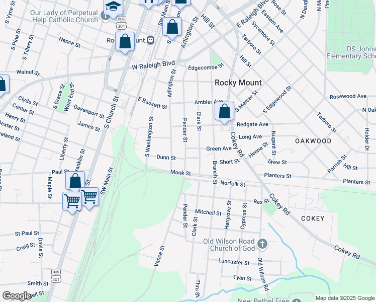 map of restaurants, bars, coffee shops, grocery stores, and more near 905 Pender Street in Rocky Mount