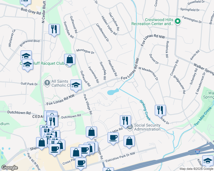 map of restaurants, bars, coffee shops, grocery stores, and more near 601 Sunnydale Road in Knoxville