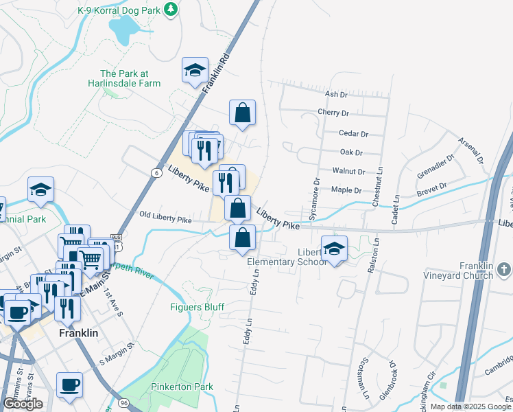 map of restaurants, bars, coffee shops, grocery stores, and more near 419 Liberty Pike in Franklin