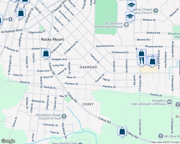 map of restaurants, bars, coffee shops, grocery stores, and more near 1100 Long Avenue in Rocky Mount
