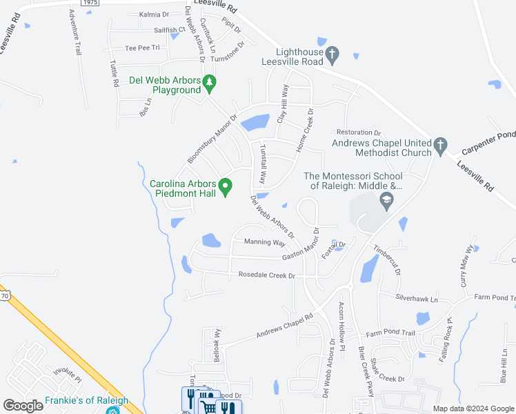 map of restaurants, bars, coffee shops, grocery stores, and more near Del Webb Arbors Drive in Durham