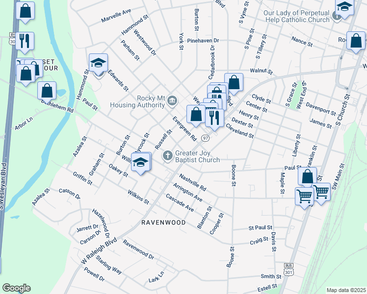 map of restaurants, bars, coffee shops, grocery stores, and more near 1313 Edwards Street in Rocky Mount
