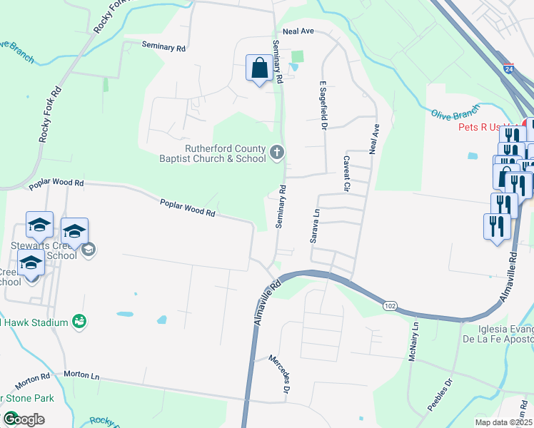 map of restaurants, bars, coffee shops, grocery stores, and more near 5868 Seminary Road in Smyrna