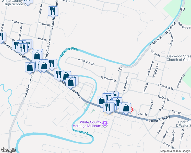 map of restaurants, bars, coffee shops, grocery stores, and more near 149 West Everett Street in Sparta