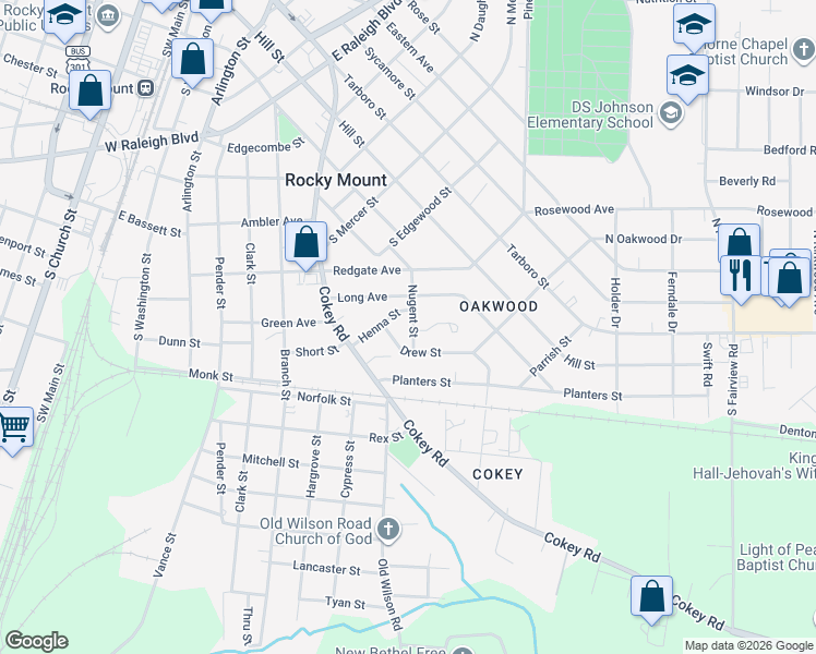 map of restaurants, bars, coffee shops, grocery stores, and more near 910 Nugent Street in Rocky Mount