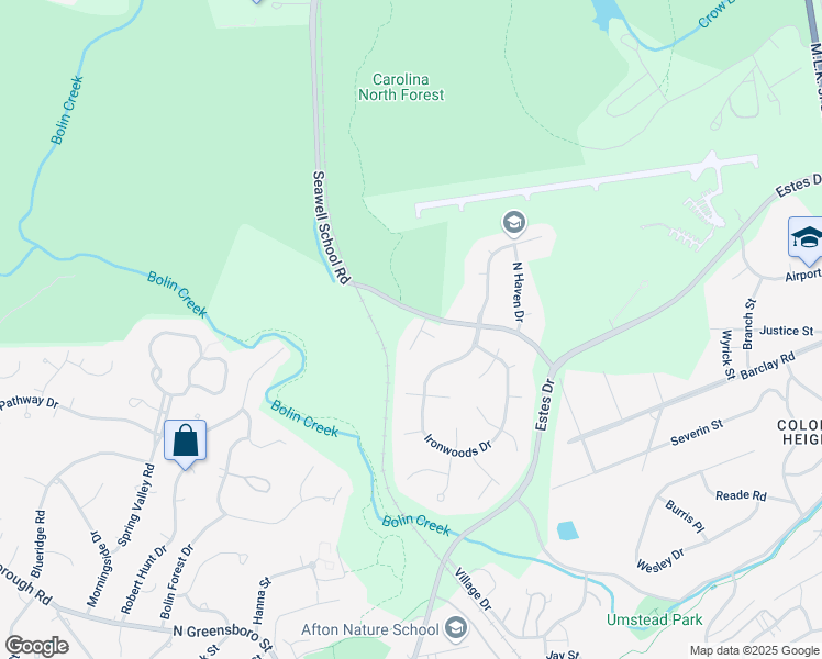 map of restaurants, bars, coffee shops, grocery stores, and more near 104 Hanover Place in Chapel Hill