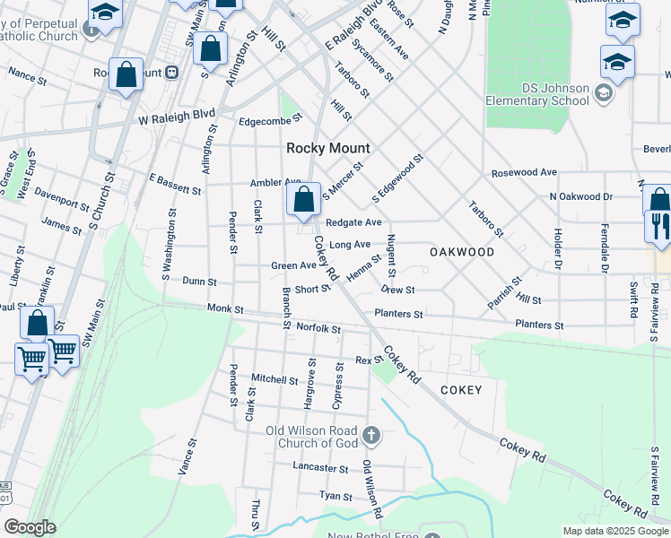 map of restaurants, bars, coffee shops, grocery stores, and more near 811 Cokey Road in Rocky Mount