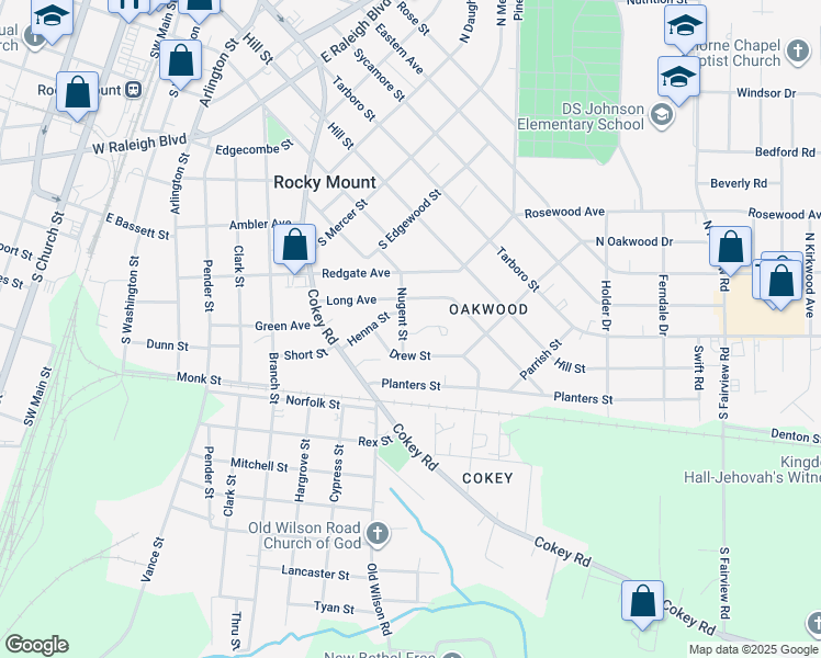 map of restaurants, bars, coffee shops, grocery stores, and more near 911 Nugent Street in Rocky Mount