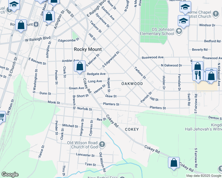 map of restaurants, bars, coffee shops, grocery stores, and more near 911 Nugent Street in Rocky Mount