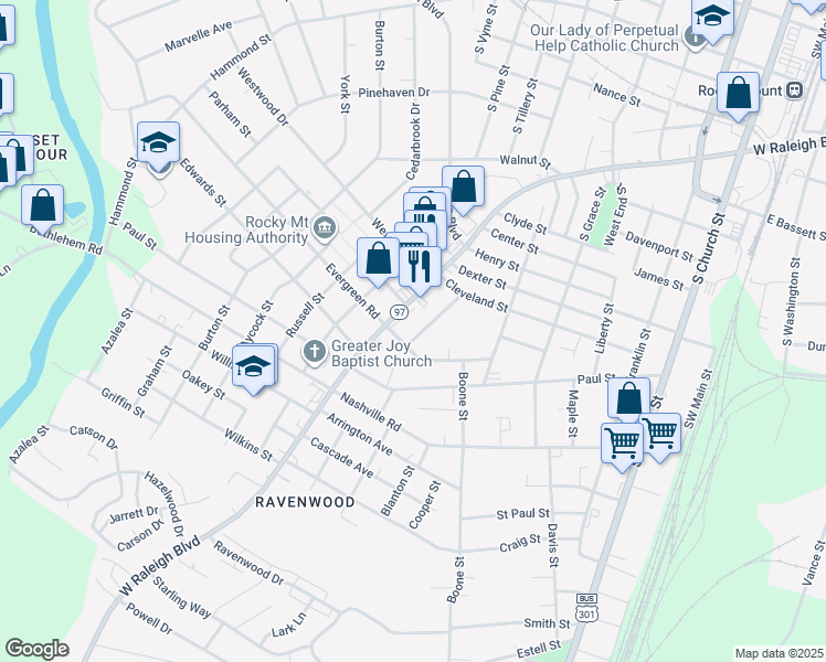 map of restaurants, bars, coffee shops, grocery stores, and more near 1008 New Street in Rocky Mount