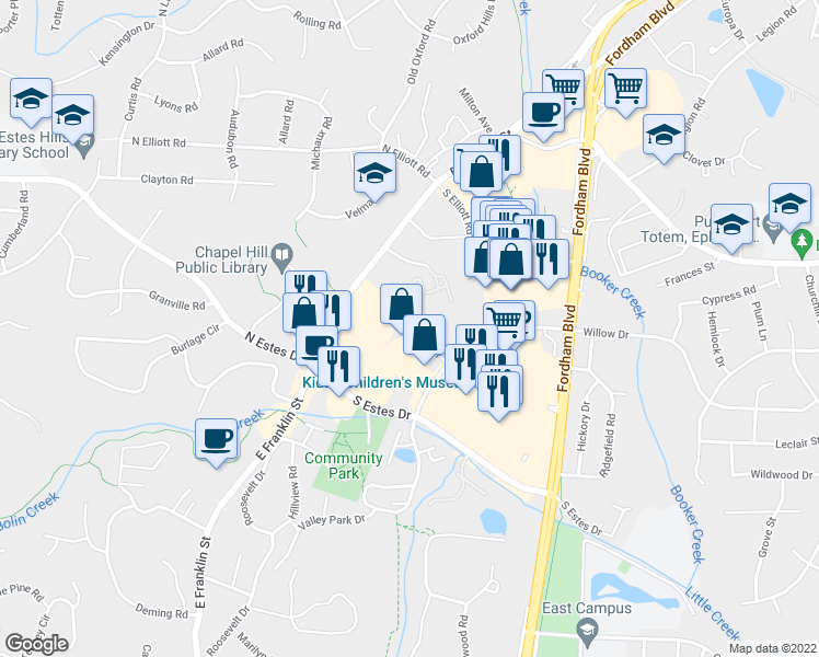 map of restaurants, bars, coffee shops, grocery stores, and more near Conner Drive in Chapel Hill