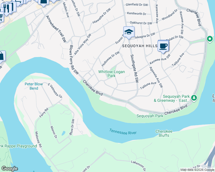 map of restaurants, bars, coffee shops, grocery stores, and more near 4300 South Garden Road in Knoxville