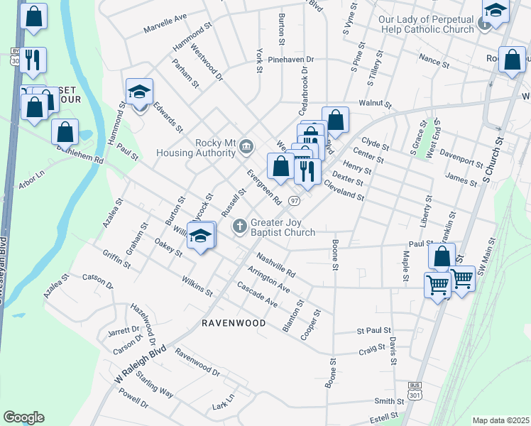 map of restaurants, bars, coffee shops, grocery stores, and more near 1120 Calvary Street in Rocky Mount