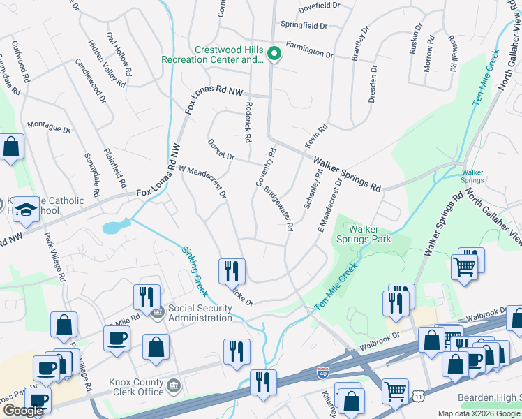 map of restaurants, bars, coffee shops, grocery stores, and more near 805 Bridgewater Road Northwest in Knoxville