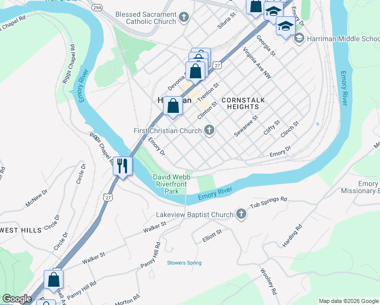 map of restaurants, bars, coffee shops, grocery stores, and more near 402 Carter Avenue in Harriman