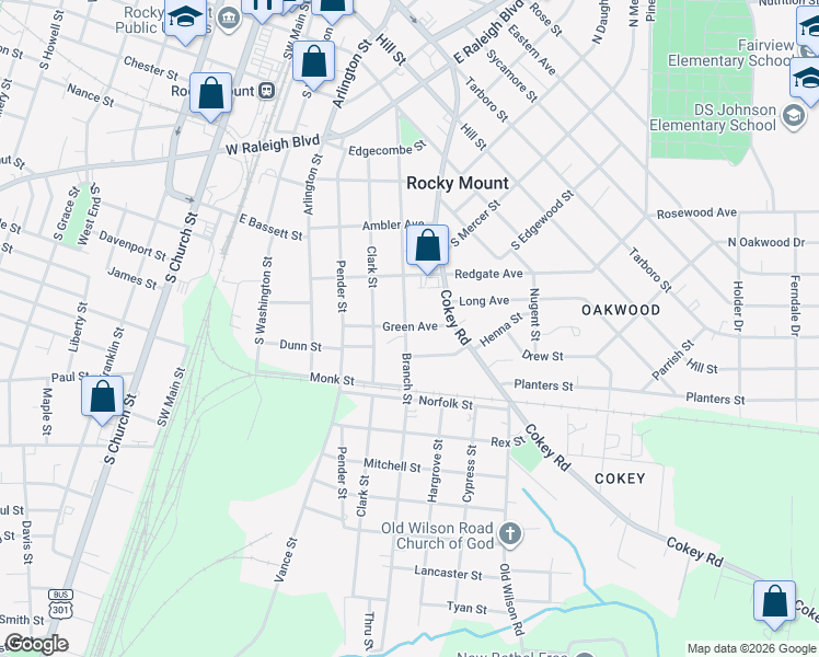 map of restaurants, bars, coffee shops, grocery stores, and more near 618 Green Ave in Rocky Mt