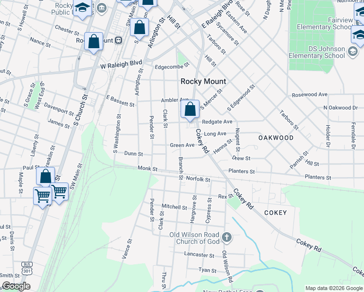 map of restaurants, bars, coffee shops, grocery stores, and more near 618 Green Ave in Rocky Mt
