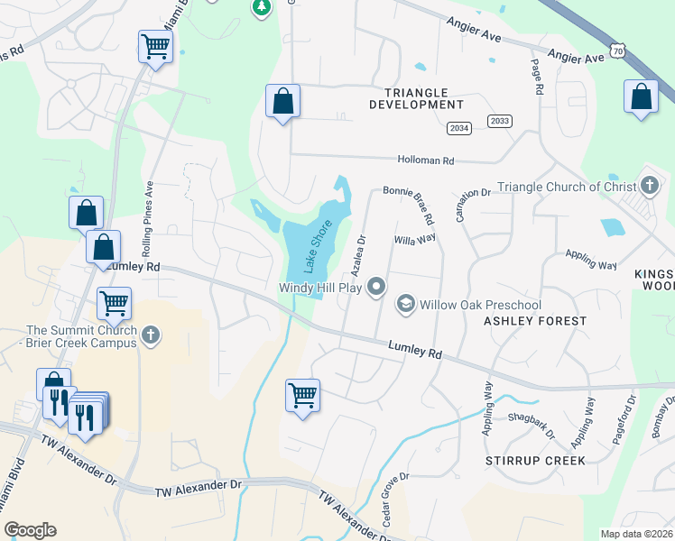 map of restaurants, bars, coffee shops, grocery stores, and more near 2502-2522 Azalea Drive in Durham