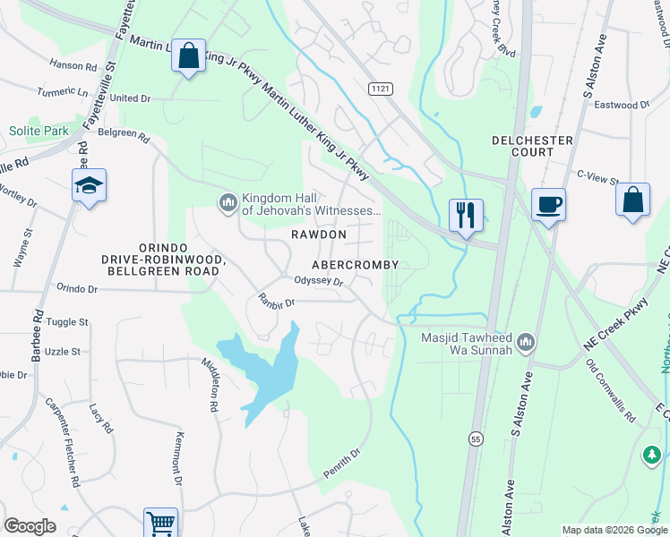 map of restaurants, bars, coffee shops, grocery stores, and more near 3625 Rawdon Drive in Durham