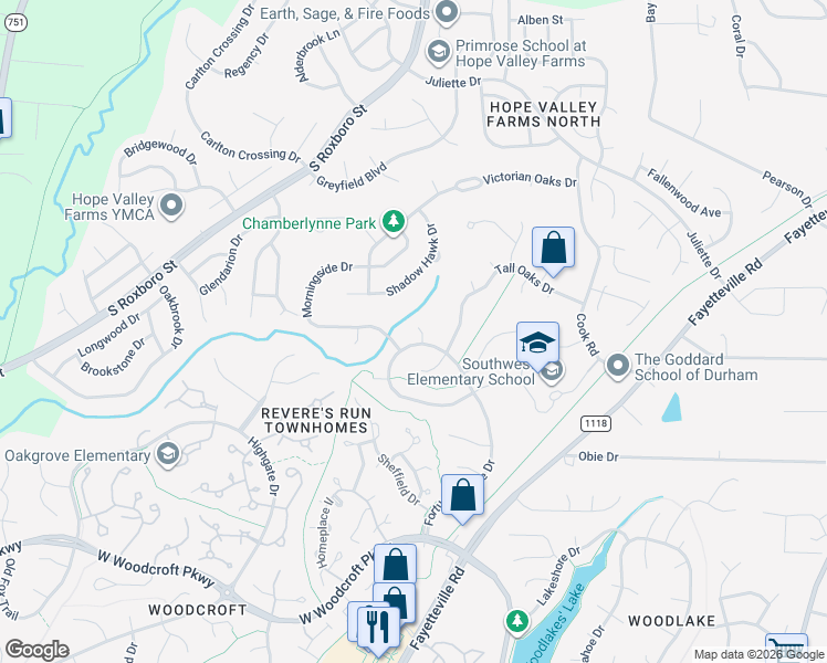 map of restaurants, bars, coffee shops, grocery stores, and more near 8 Leeward Court in Durham