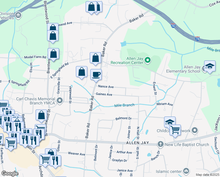 map of restaurants, bars, coffee shops, grocery stores, and more near 719 Nance Avenue in High Point
