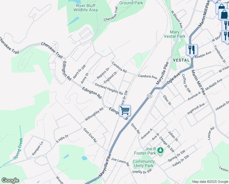 map of restaurants, bars, coffee shops, grocery stores, and more near 1211 Chestnut Street in Knoxville