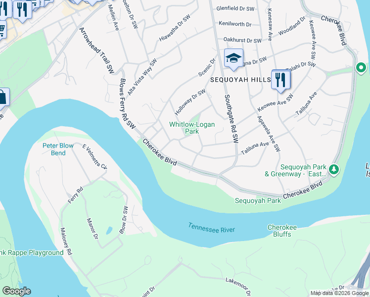 map of restaurants, bars, coffee shops, grocery stores, and more near 4300 South Garden Road in Knoxville