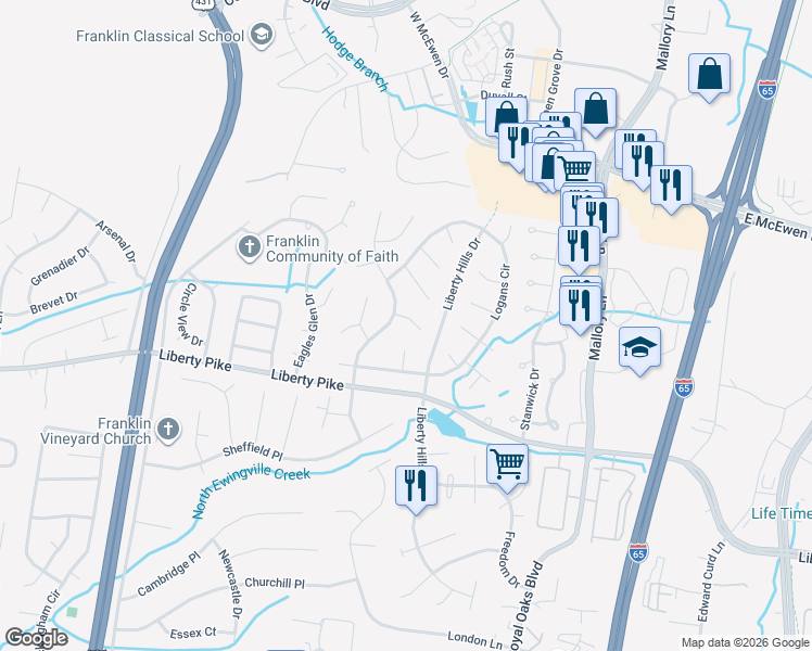 map of restaurants, bars, coffee shops, grocery stores, and more near 737 Glen Oaks Drive in Franklin
