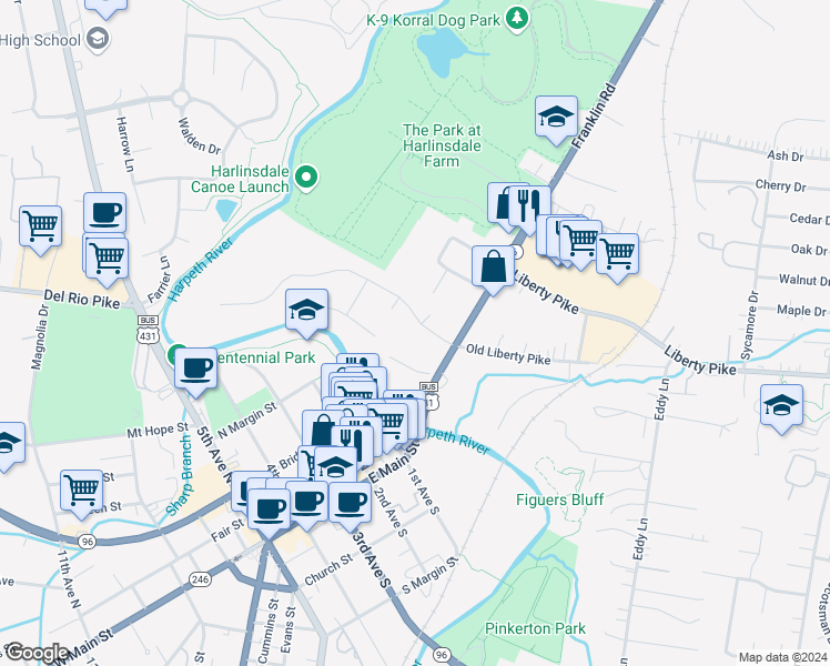 map of restaurants, bars, coffee shops, grocery stores, and more near 123 Lancaster Drive in Franklin