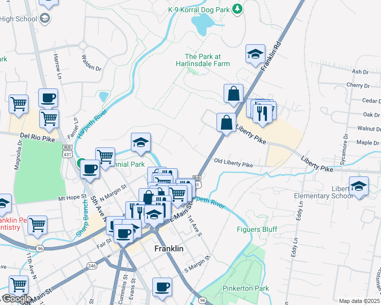map of restaurants, bars, coffee shops, grocery stores, and more near 123 Lancaster Drive in Franklin