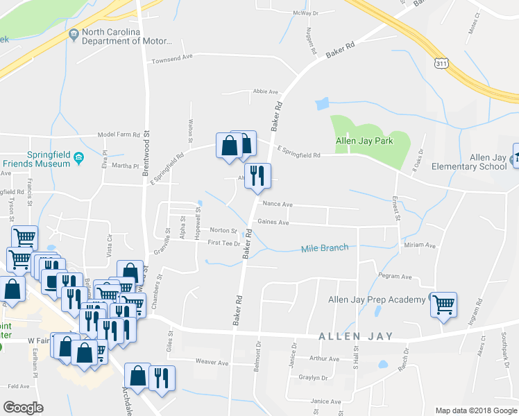 map of restaurants, bars, coffee shops, grocery stores, and more near 912 Baker Road in High Point