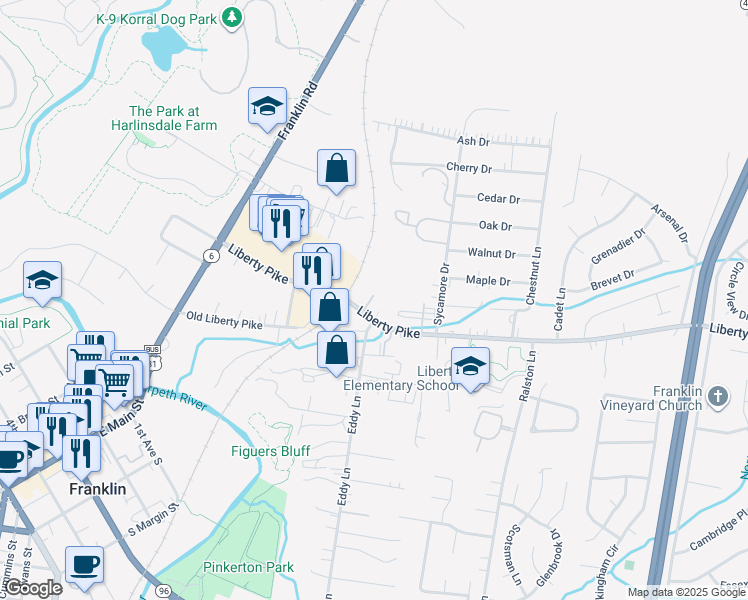 map of restaurants, bars, coffee shops, grocery stores, and more near 416 Brick Path Lane in Franklin