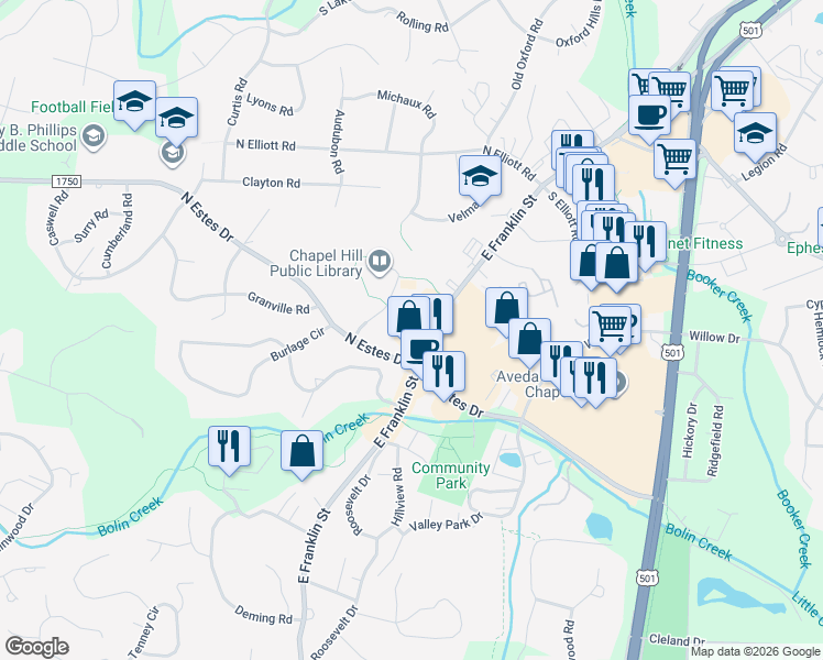 map of restaurants, bars, coffee shops, grocery stores, and more near 1505 East Franklin Street in Chapel Hill