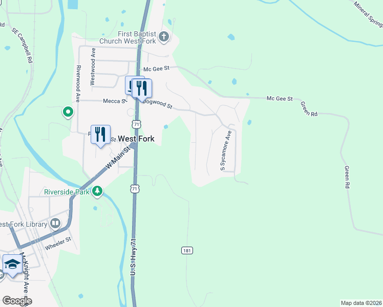 map of restaurants, bars, coffee shops, grocery stores, and more near 3 South Red Oak Avenue in West Fork