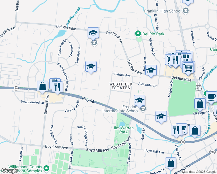 map of restaurants, bars, coffee shops, grocery stores, and more near 202 Oxford Drive in Franklin