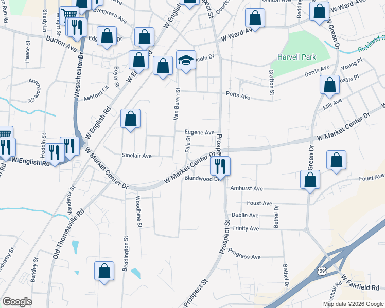 map of restaurants, bars, coffee shops, grocery stores, and more near 1517 Sheldon Court in High Point
