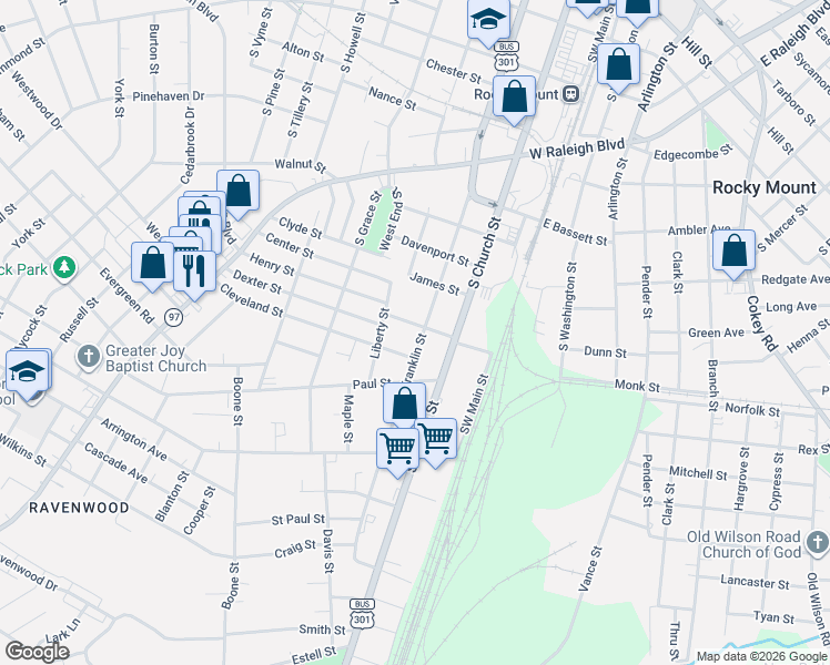 map of restaurants, bars, coffee shops, grocery stores, and more near 1028 South Franklin Street in Rocky Mount